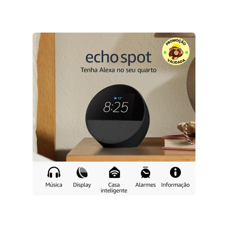 Echo Spot com Alexa (Última geração) | Despertador inteligente com som vibrante | Cor Preta