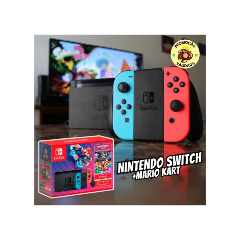 Nintendo, Console + Jogo, Switch Azul e Vermelho, Jogo Digital Mario Kart 8 Deluxe, 3 Meses de Assinatura Nintendo Switch Online