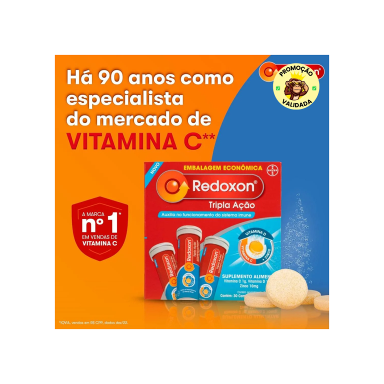 Redoxon Vitamina C, D, e Zinco 30 Comprimidos Efervescentes, Tripla Ação